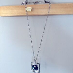 Lia Sophia Necklace Chain Blue Stone Accent Square Pendant Silver Tone 10.75 in